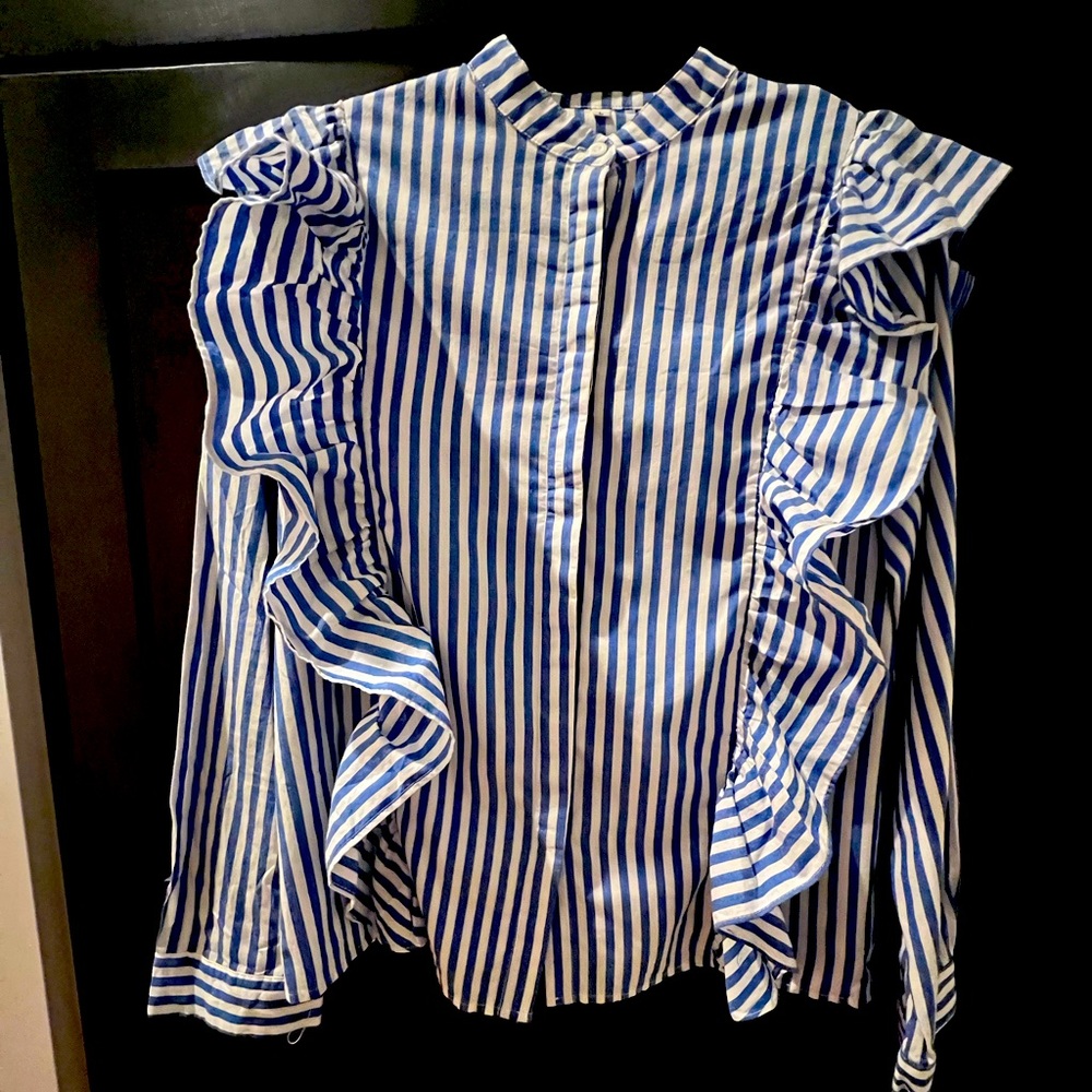 Striped Ruffle Button-Down Shirt - Picture 4 of 7